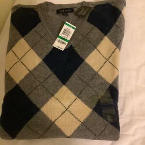 Club Room Lambs Wool V-Neck Argyle Sweater Gray, Navy, Cream-New!